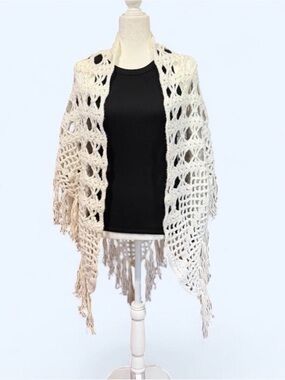 Cream White Crochet Fringe Shawl Sweater Wrap - Women